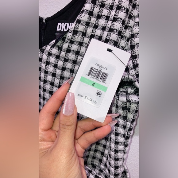 DKNY Double Breasted Black Ivory Checkered Short Sleeve Fit & Flare Dress NWT - Picture 8 of 8